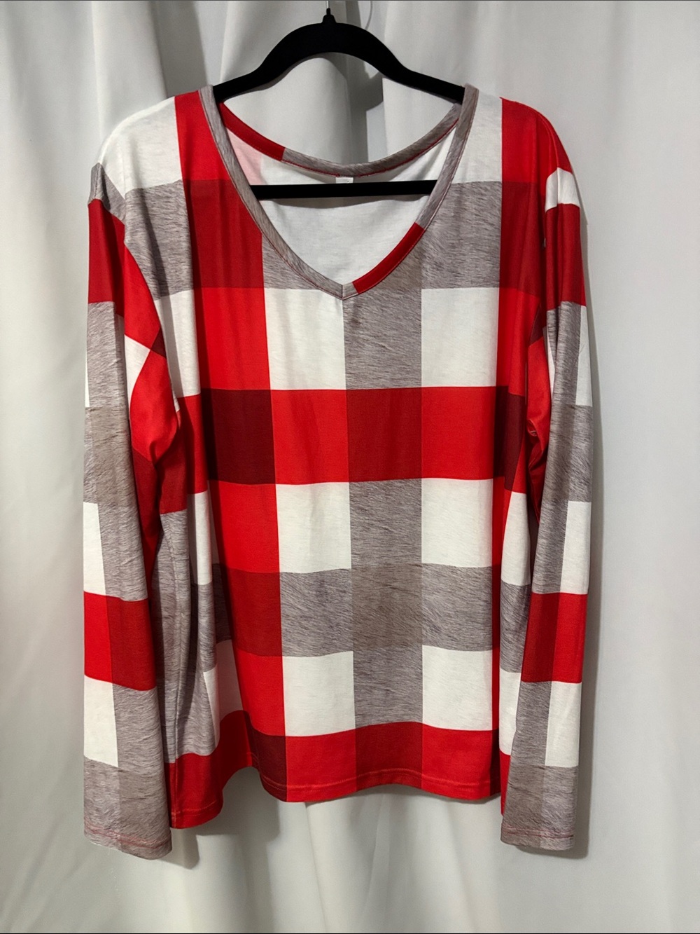 Checkered Long Sleeve Top in Red & Gray Size XL